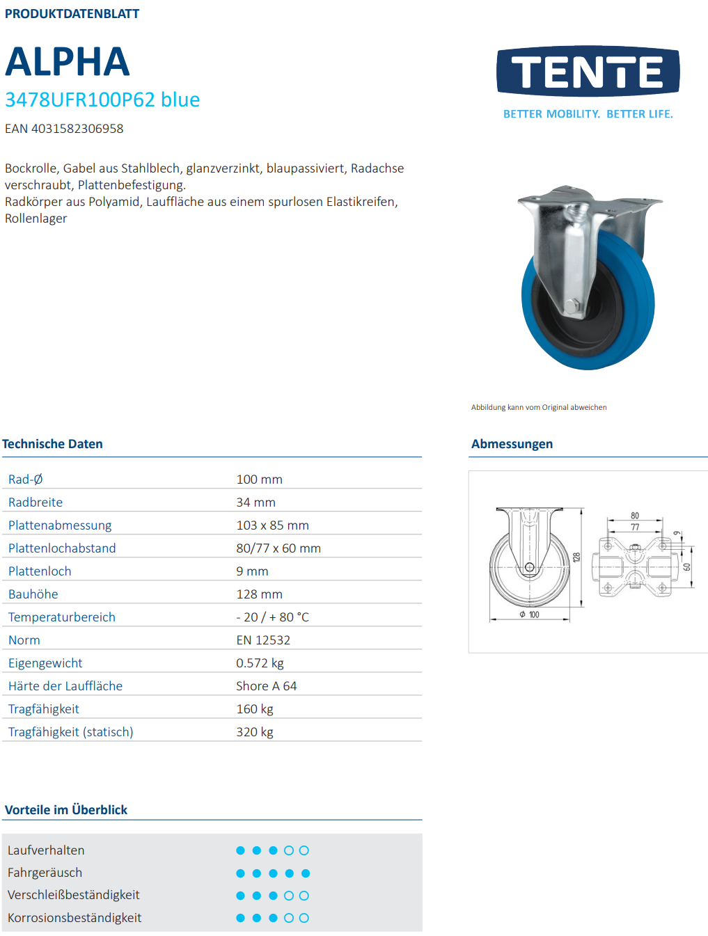 Elastik-Bockrolle Ø 100 x34 mm blau