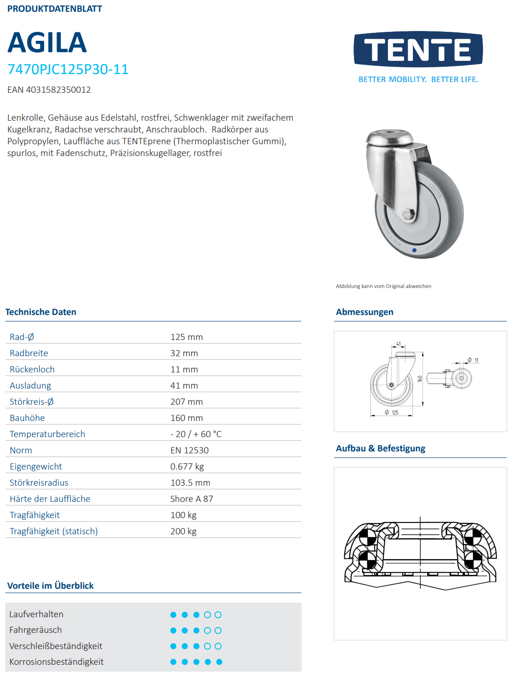 Lenkrolle Ø125x32mm, Rückenloch Ø11mm