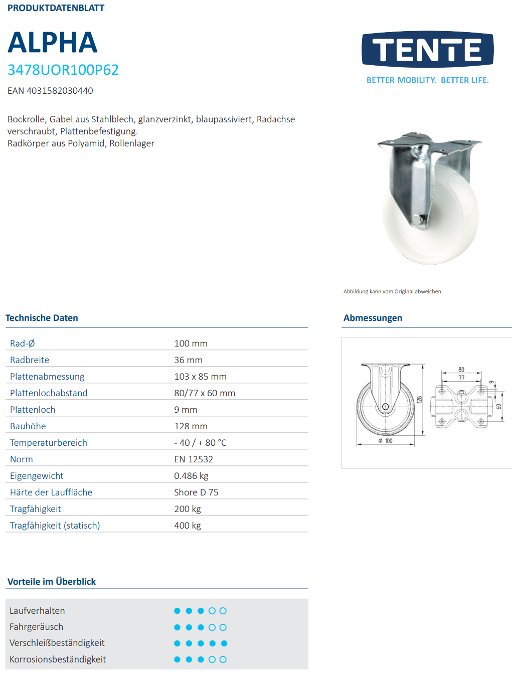 Tente Kunststoff-Bockrolle