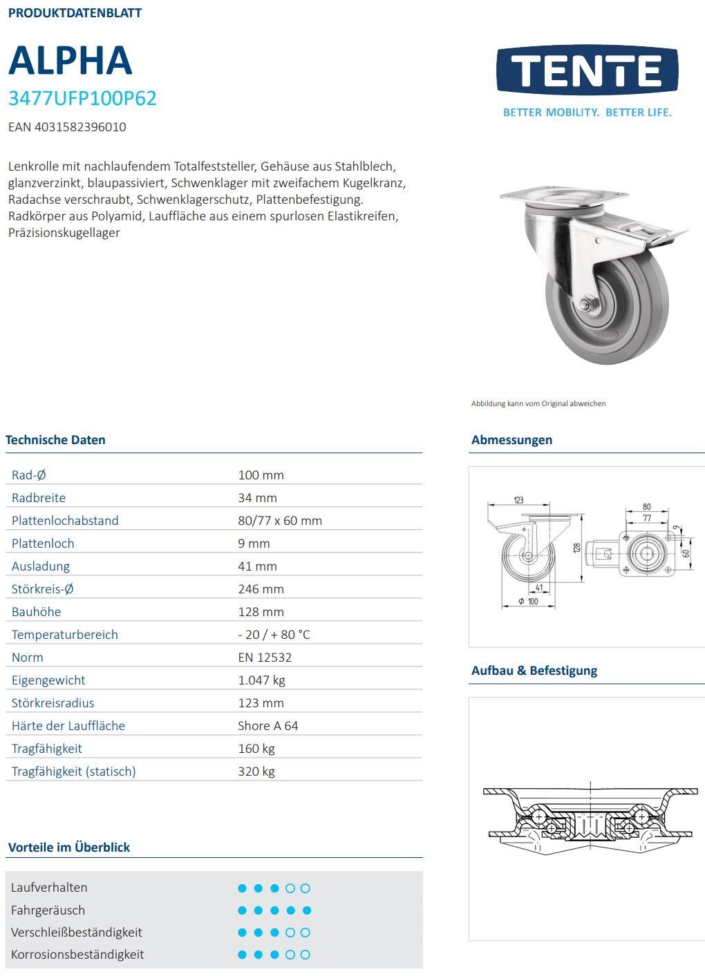 Lenkrolle Ø 100 x 30mm breit mit.Totalfeststeller