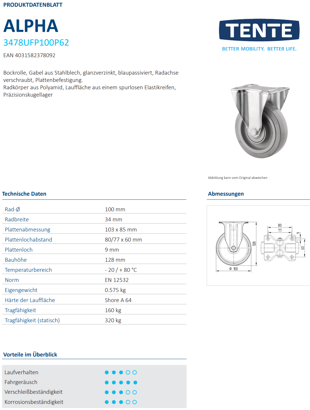 Bockrolle Ø 100 x 34mm breit mit Platte