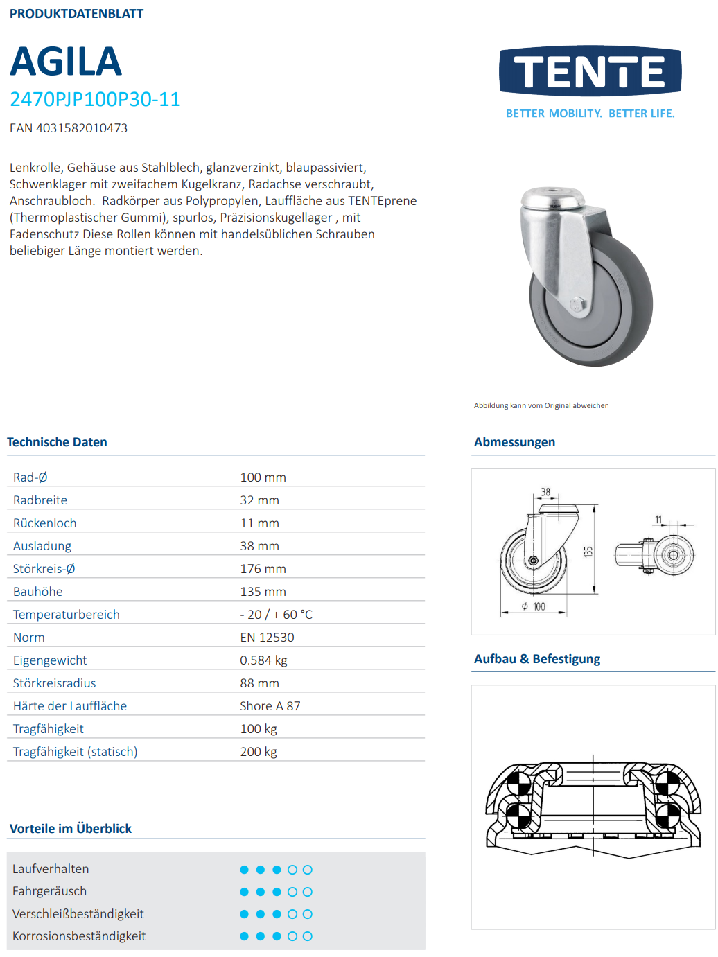 Lenkrolle Ø 100 x 32 mm breit mit Ø 11 mm Rückenloch