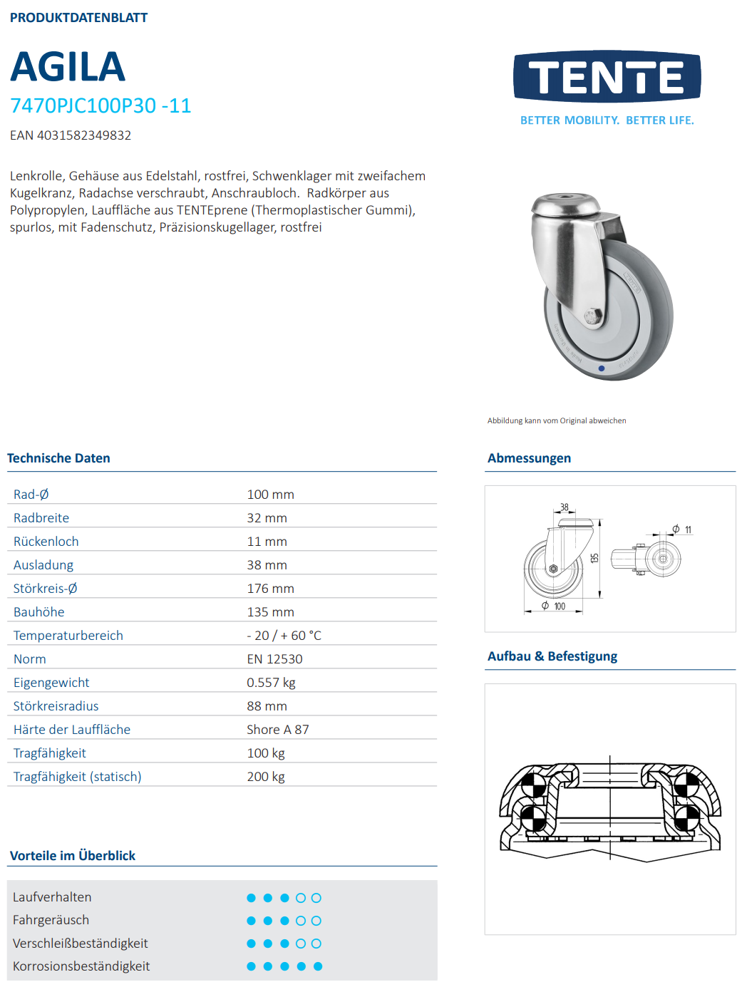 Lenkrolle Ø100x32mm, Rückenloch Ø11mm