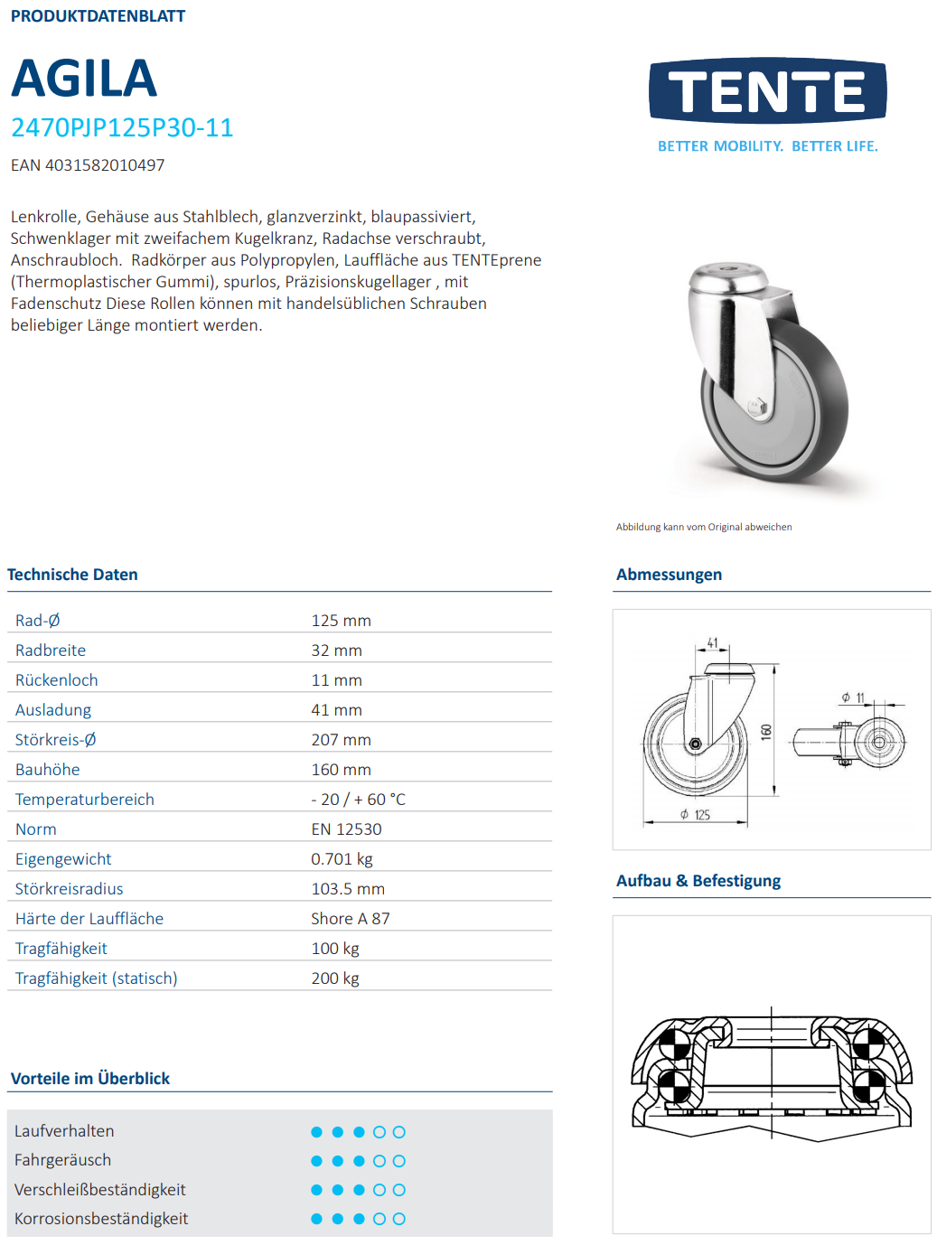 Lenkrolle Ø 125 x 32 mm breit mit 11 mm  Ø Rückenloch